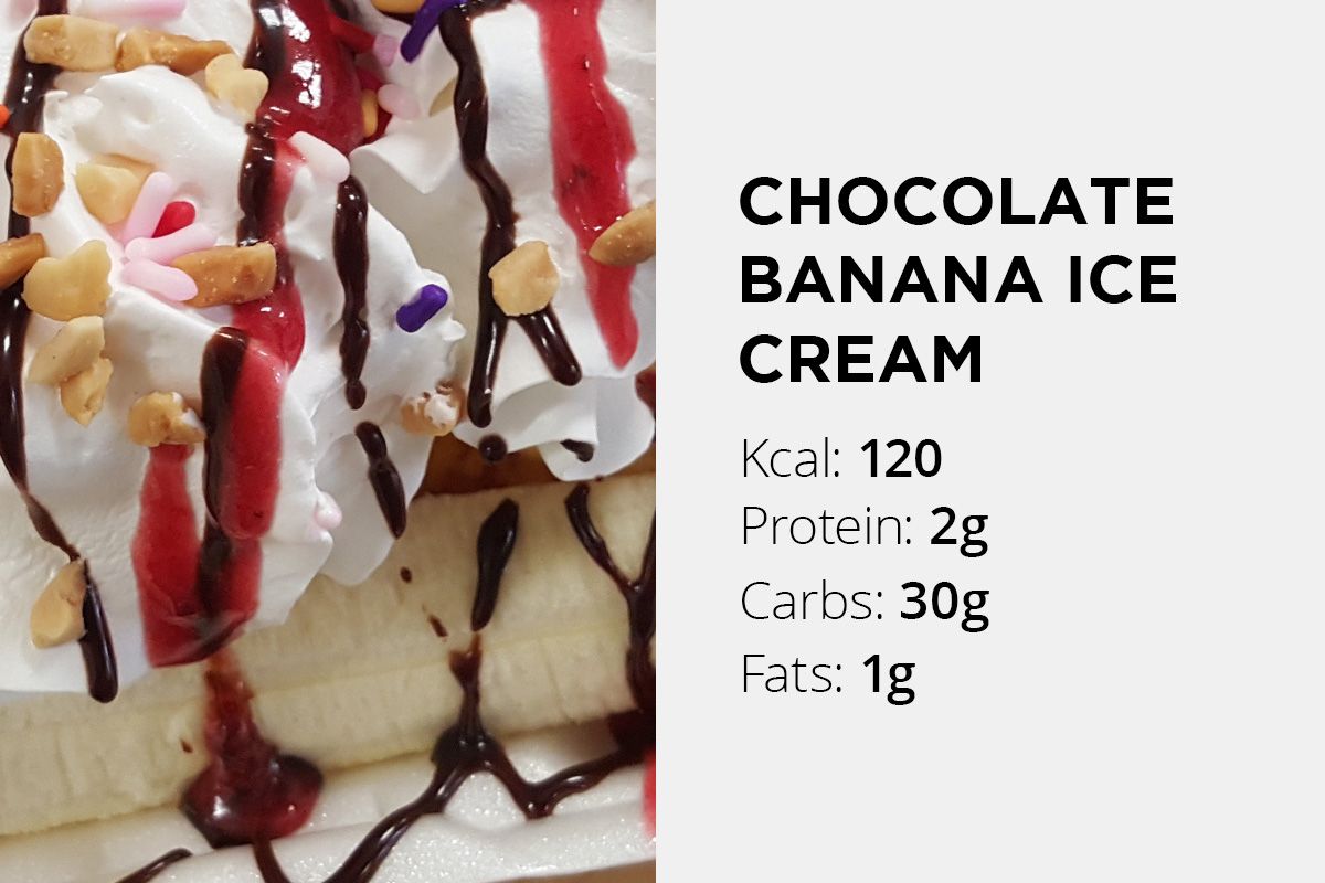 Sliced bananas topped with cream, as well as chochollate and strawberries toppings. Nutrition facts stated: 120 calories, 2 grams of protein, 30 grams of carbs, 1 gram of fat.