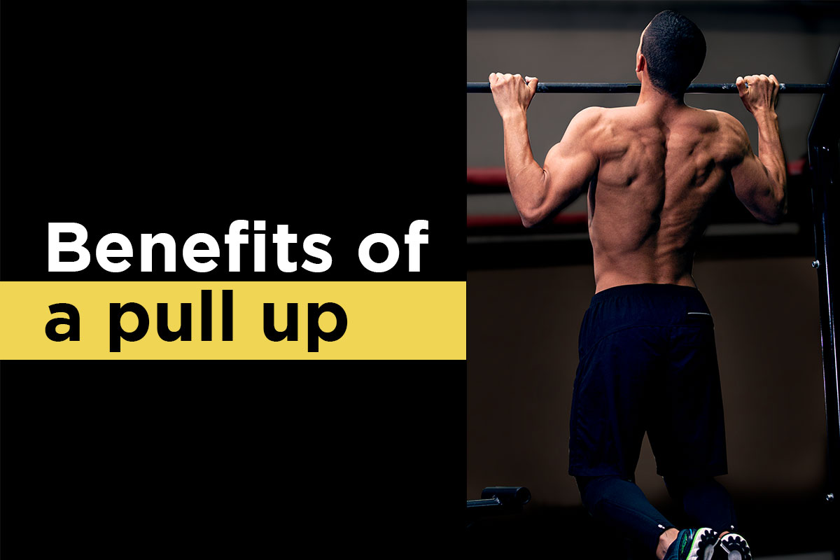 ''Benefits of a pull up'' written on a left side on a black background. ''Benefits of'' is written in a white fond in an upper line. ''a pull up'' is written on a black font, but higlighted in yellow, in a lower line. On the right side, a ripped man in training tights and sneakers is doing a pull up, background darkened - his hands are grabing a bar slightly wider than the shoulder width, his elbows flexed and his chin is over the bar.