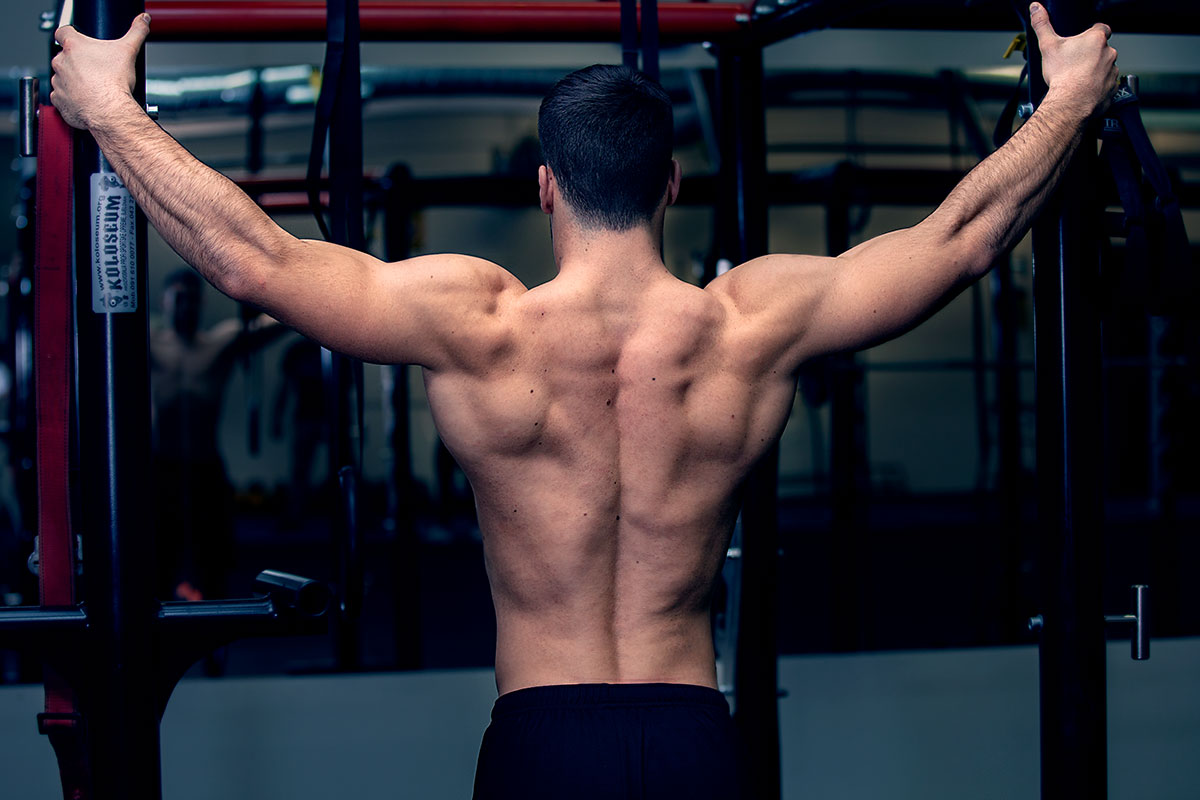 Ripped man, viewed from the back, torso naked. Arms extended on the sides of the body, holding onto the pull-up bar at hight of his head.