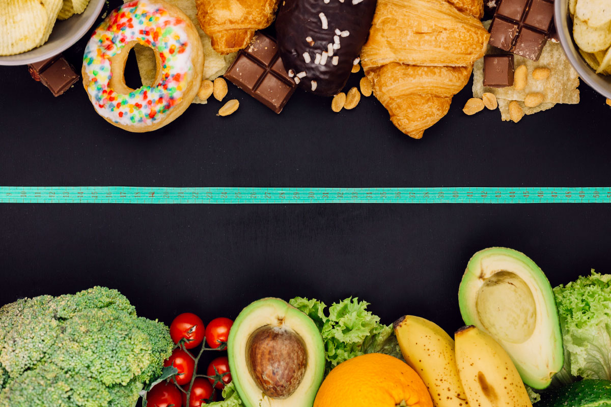 Picture diveded in half horizontaly, upper half shows pastry products and sweets, lover fruits and vegetables