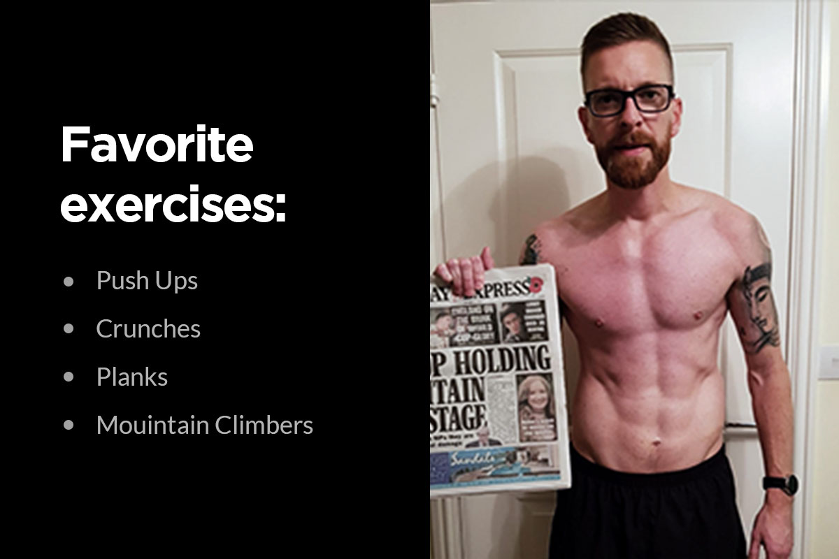 The picture divided in half vertically. The left half is black and has text written in a white font saying: ''Favorite exercises: push ups, crunches, planks, mountain climbers. On the right side, there is a picture of a ripped man holding a newspaper for the date reference.