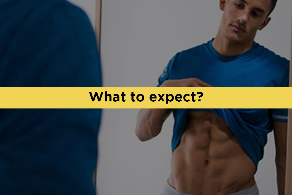 Ripped man wearing a blue t-shirt, facing camera bacwards, looking at the mirror. He is raising t-shirt with his right hand, looking at his abs. ''What to expect?'' written in the yellow line over the middle of the photo, horizontally.