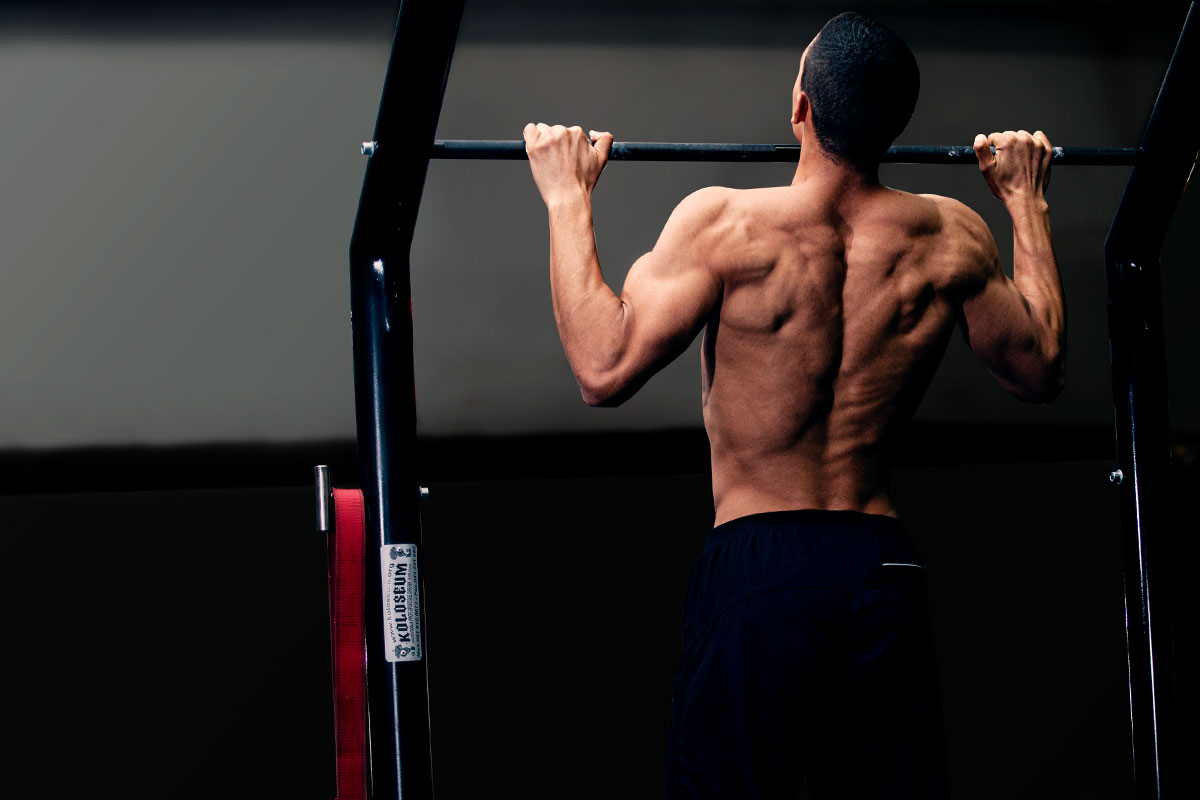 Ripped man, torso naked, he is standing in a darkened room, only him and pull up bar visible. He is standing in a puill up hold position, facint ht ecamera with his back (arms holding for a bar, slighltly more than shoulder width apart, elbows bent, he is pulling his chin over the bar).